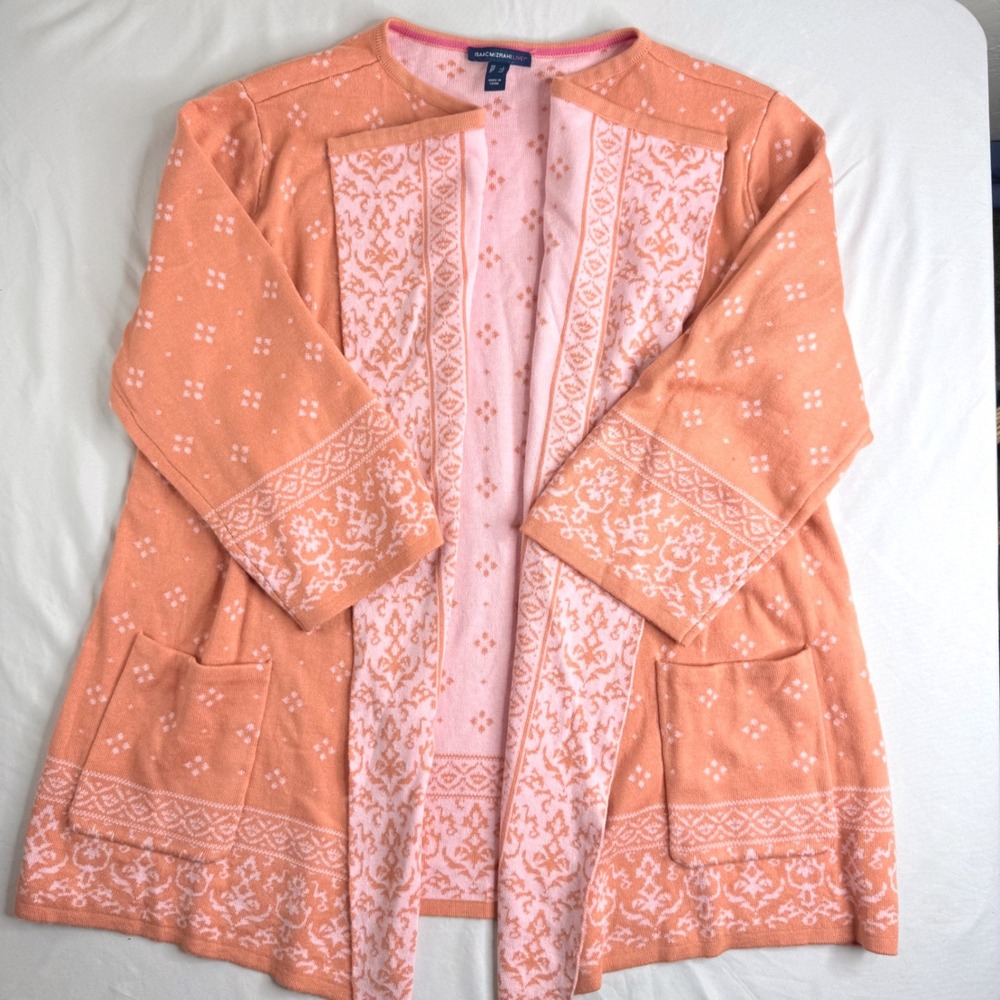 Isaac Mizrahi Live XL Coral Pink Damask Open Front Cardigan Sweater Pockets
